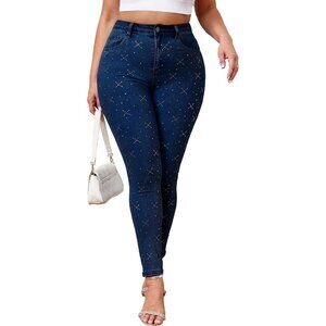Plus Size High Waisted Skinny Jeans Women Stretchy Rhinestone Tummy Control